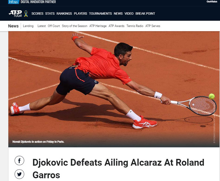 Trang chủ ATP Tour cho rằng Novak Djokovic đã có phần gặp may mắn khi đánh bại Carlos Alcaraz không có thể trạng sung mãn nhất sau sự cố đầu set 3