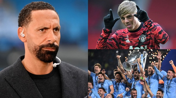 Ferdinand (bên trái) bị chỉ trích vì chúc mừng "cú ăn 3" của Man City