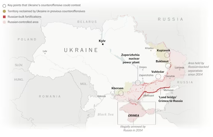 Những khu vực chính trên đường phản công của Ukraine, trong đó giới quan sát cho rằng nhiều khả năng là Ukraine tập trung tổng lực ở Zaporizhzhia. Nguồn: TWP/The Washington Post.