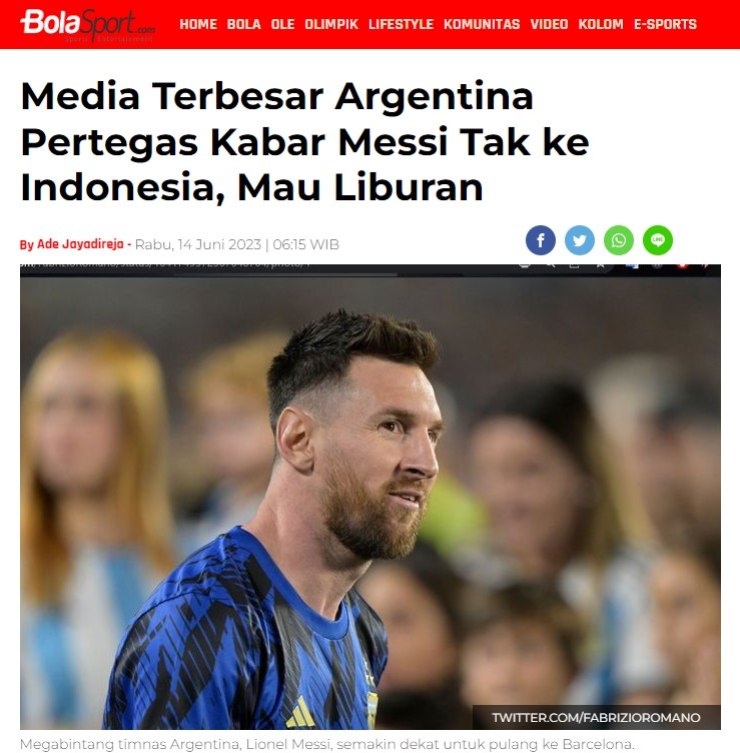 Tờ Bola Sports phản ứng với thông tin Messi không đến