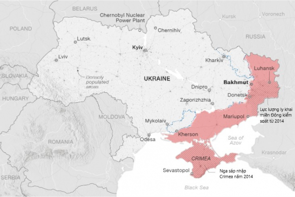 Bản đồ tình hình kiểm soát ở Đông và Nam Ukraine không có thay đổi đáng kể nào từ sau khi Nga tuyên bố kiểm soát Bakhmut. Đồ họa: CNN