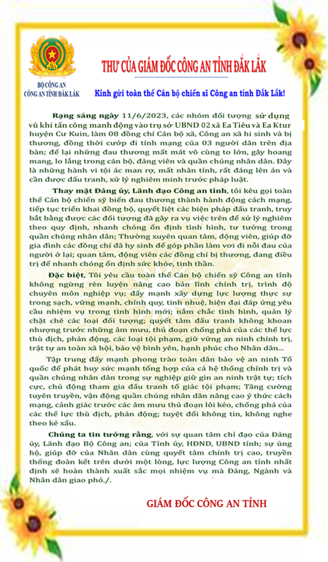 Thư của Giám đốc Công an tỉnh Đắk Lắk gửi cán bộ, chiến sĩ công an. Nguồn: Cổng thông tin điện tử Công an tỉnh Đắk Lắk