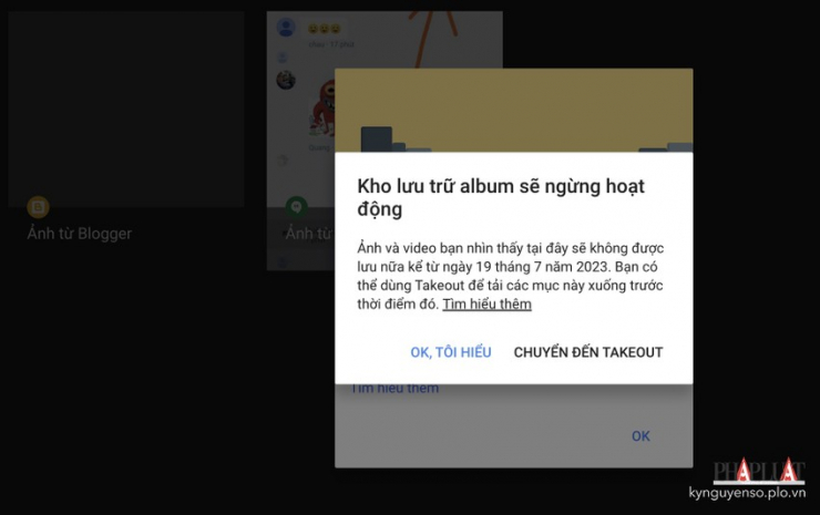 Google thông báo xóa nội dung trên album lưu trữ từ 19-7-2023. Ảnh: TIỂU MINH