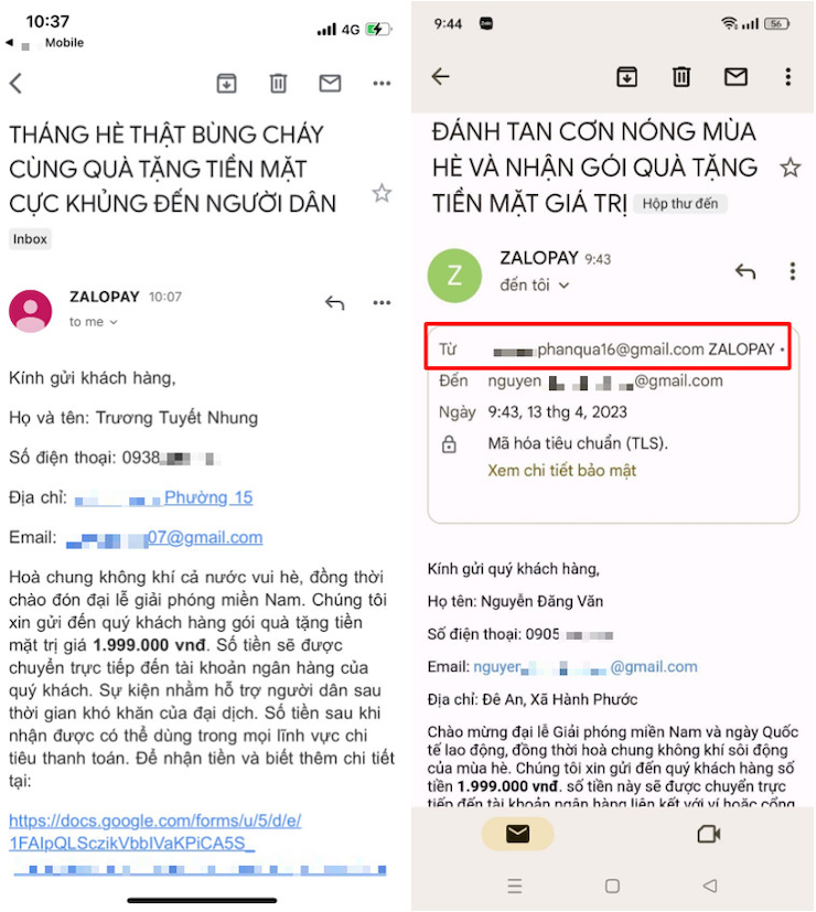 Người dùng lưu ý kiểm tra kỹ địa chỉ email người gửi (không phải tên email hiển thị) để không bị lừa.