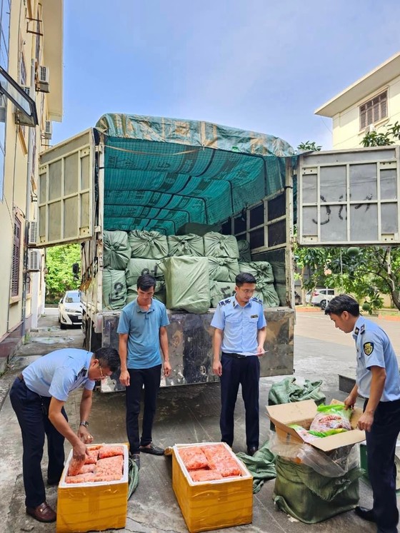 Lực lượng chức năng kiểm kê lô hàng trên xe tải. Ảnh: Báo Sài Gòn Giải Phóng