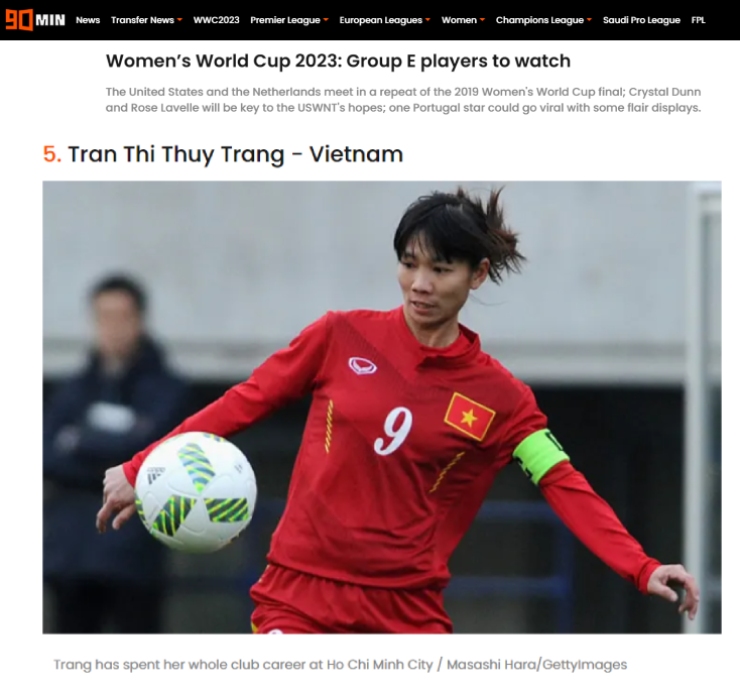 Trần Thị Thùy Trang được chọn là 1 trong những cầu thủ đáng xem nhất bảng E World Cup bóng đá nữ