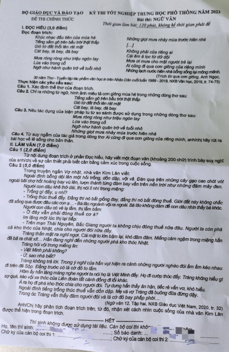 Đề thi môn Ngữ văn sáng 28-6.