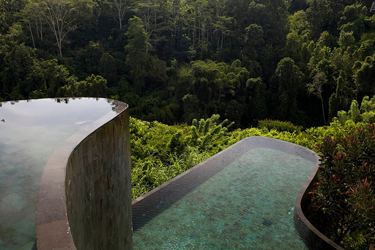 Vườn treo Ubud nằm tại Bali, Indonesia. Tại đây, những người bơi lội có thể nhìn ra những hàng cây từ bể bơi trên cao hoặc đắm mình bên dưới trong những khu vườn bậc thang, đây là nơi yên bình nhất trên hành tinh.
