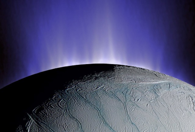 Vật chất phun ra khỏi bề mặt Enceladus có thể chứa đựng dấu vết sự sống - Ảnh đồ họa: NASA