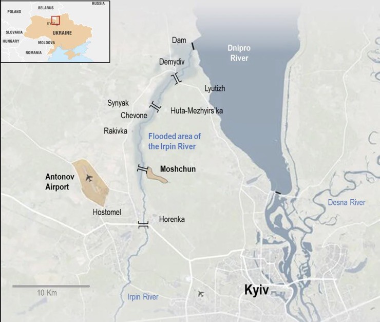 Nga cần vượt sông Irpin, tập hợp quân đội ở làng Moschun để tạo bàn đạp tiến vào Kiev năm 2022.