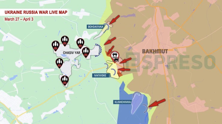 Tình hình giao tranh ở khu vực thành phố Chasov Yar tính đến ngày 3/4.&nbsp;Mũi tên màu đỏ biểu thị hướng tiến công của quân đội Nga.