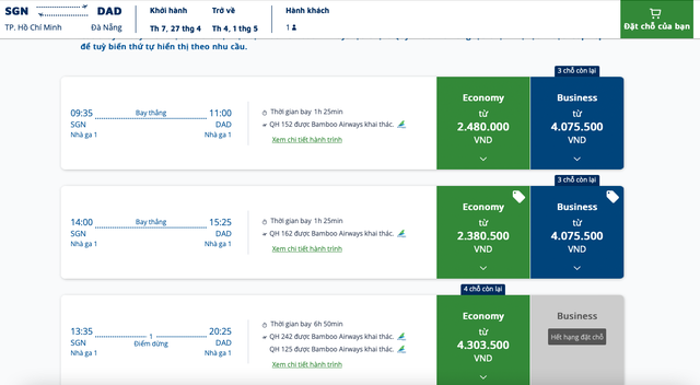Giá vé khứ hồi thấp nhất chặng TP HCM - Đà Nẵng của Bamboo gần 5 triệu đồng