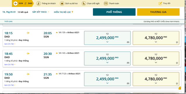Các mức giá vé chặng TP HCM - Đà Nẵng của Vietnam Airlines. Ảnh chụp màn hình sáng 8-4
