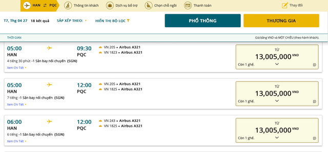 Trong khi Vietnam Airlines sáng nay hệ thống của hãng hiển thị chỉ còn vé hạng thương gia, khứ hồi vào khoảng 26 triệu đồng cho chặng Hà Nội - Phú Quốc
