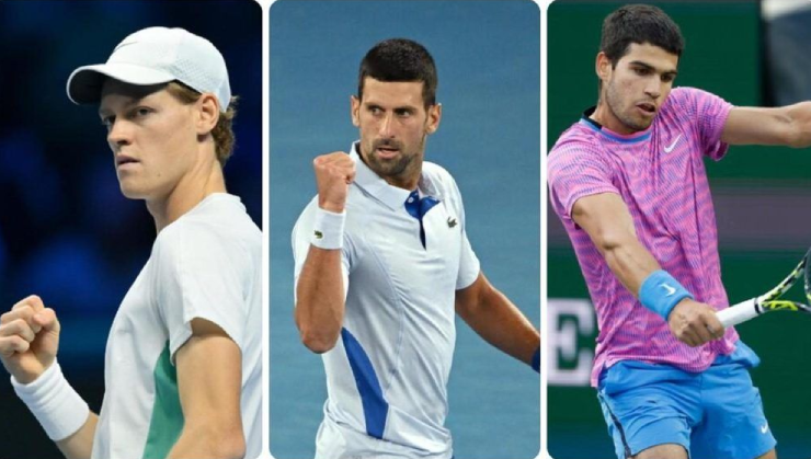 Djokovic (giữa) đang bị Sinner (trái) và Alcaraz (phải) áp sát phía sau