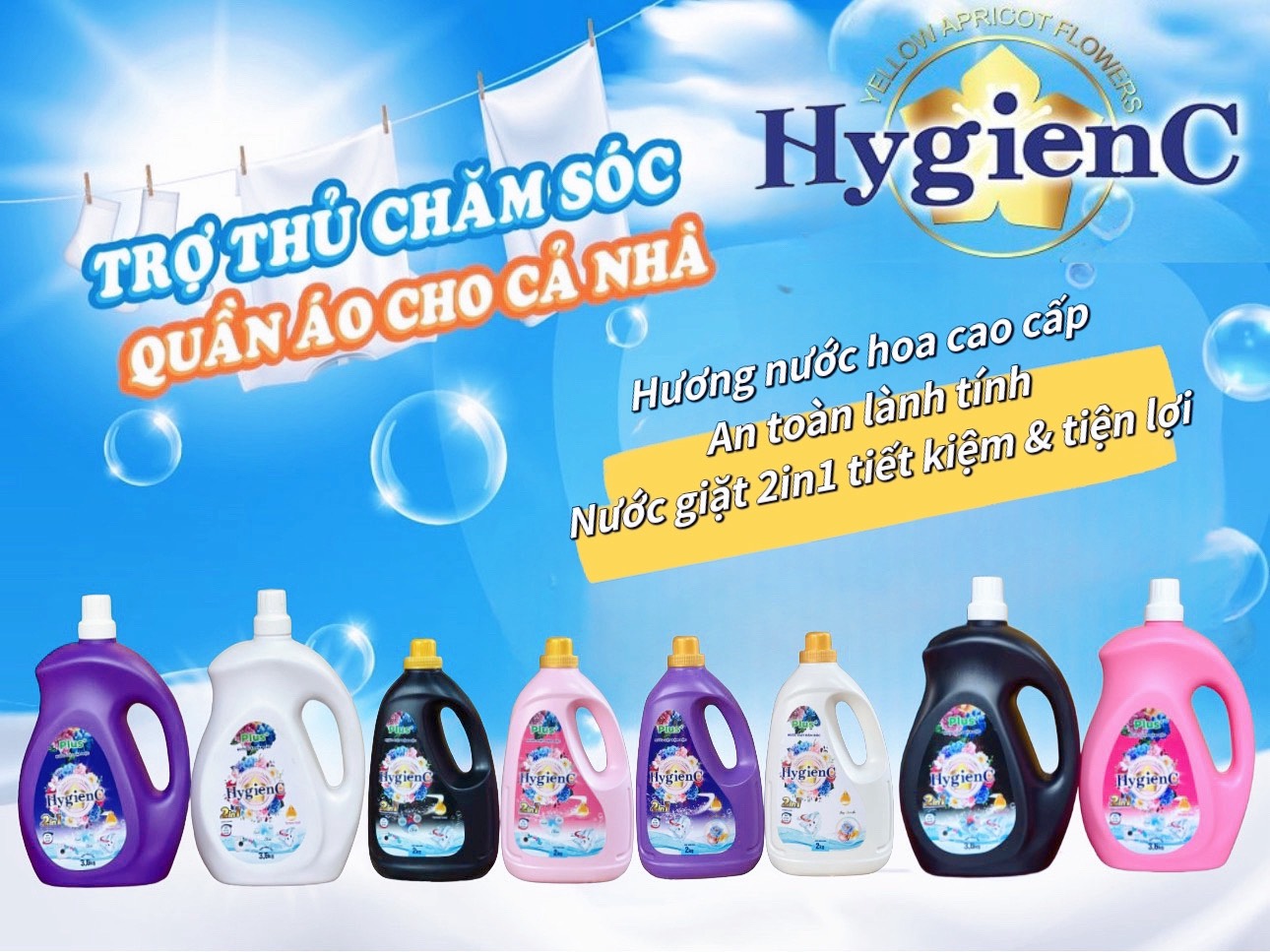 Dòng nước giặt HygienC chính hãng của Công ty Mỹ phẩm Hoa Mai Vàng.