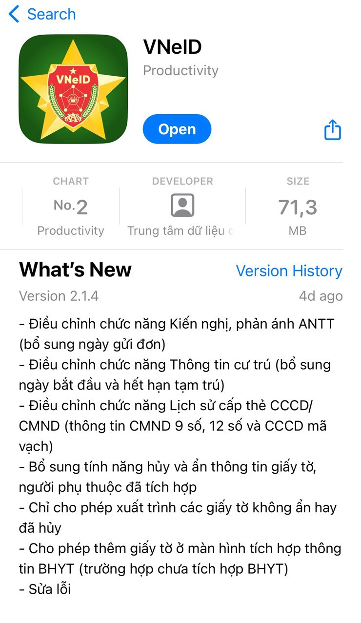 Ứng dụng VNeID phiên bản 2.1.4 được bổ sung nhiều tính năng mới.