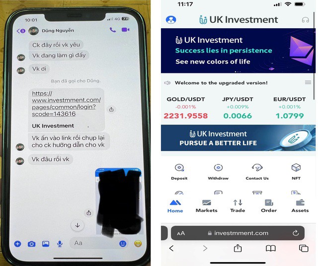Tin nhắn giữa "trai đẹp" với chị H. và trang web đầu tư tài chính đối tượng dụ dỗ nạn nhân tham gia