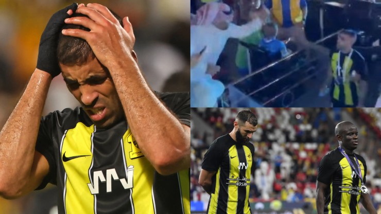 Hamdallah (ảnh bên trái) bị cổ động viên tấn công bằng roi từ khán đài