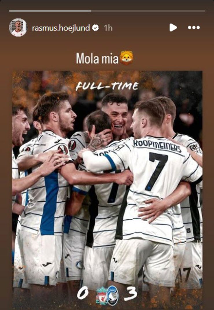 Hojlund ăn mừng chiến thắng của CLB cũ trên Instagram