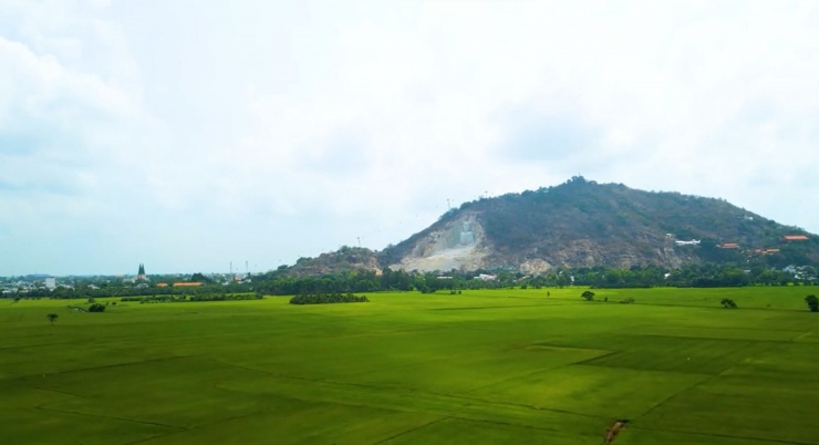 Tượng Phật được khắc trực tiếp trên vách núi, phía trước là cánh đồng lúa bao la xanh mát.