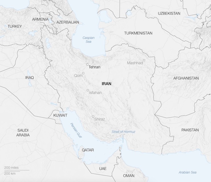 Vị trí các thành phố Shiraz, Isfahan và thủ đô Tehran ở Iran.
