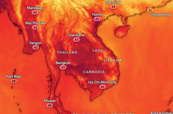 Nhiệt độ ở một số thành phố châu Á lúc 14h thứ Bảy, 20/4: Có thể thấy là nóng hơn lúc giữa trưa. Ảnh: Zoom Earth, OpenStreetMap.