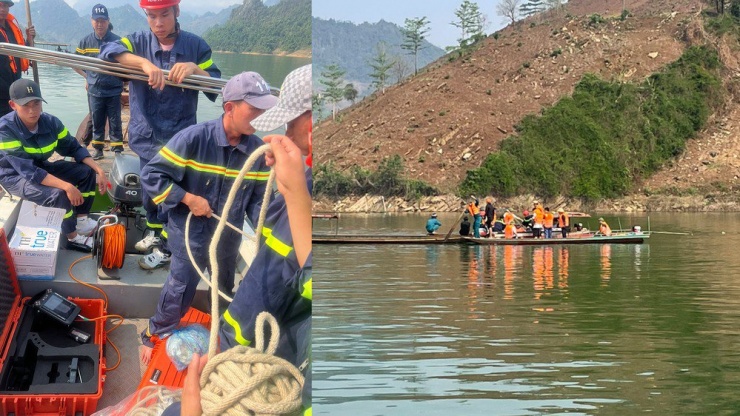 Lực lượng chức năng tỉnh Lai Châu nỗ lực tìm kiếm nạn nhân vụ lật thuyền. Ảnh: PV