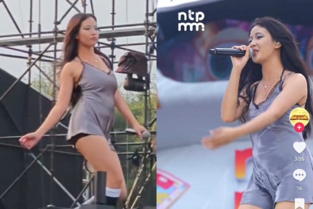 Ca sĩ Việt diện váy lụa siêu ngắn lên sân khấu, lộ quần bảo hộ gây tranh cãi