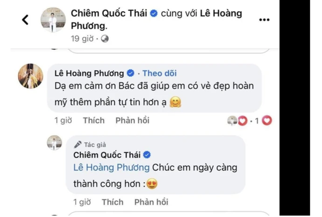 Hoa hậu Lê Hoàng Phương comment bên dưới bài đăng của ông Chiêm Quốc Thái