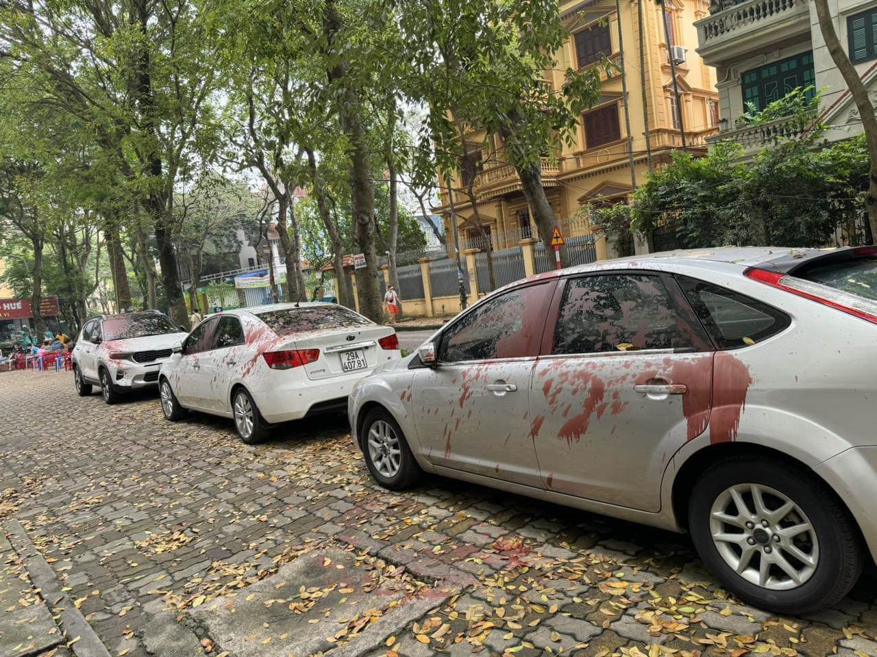 Nhiều ô tô bị tạt sơn đỏ.