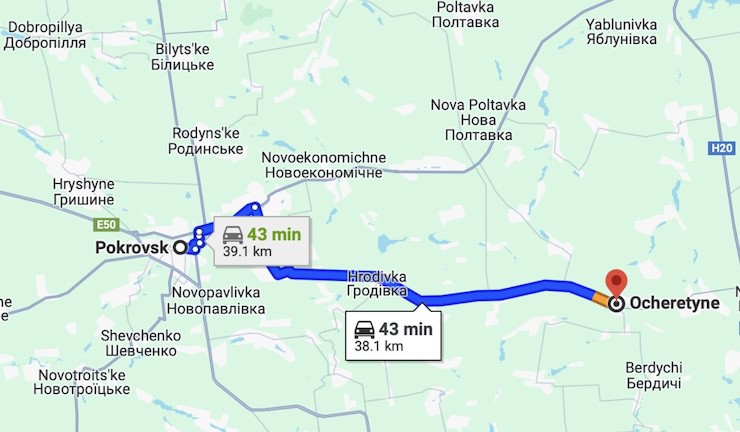 Làng Ocheretyne cách thành phố Pokrovsk khoảng 38km.