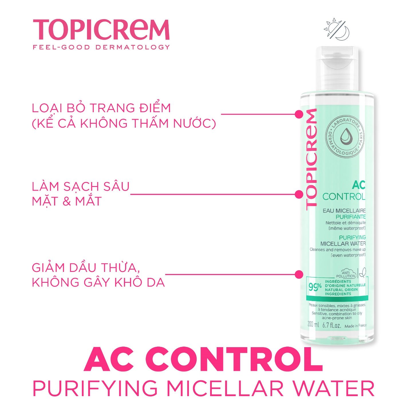 Nước tẩy trang TOPICREM AC Control Purifying Micellar Water giúp làm sạch sâu, loại bỏ lớp makeup khó trôi