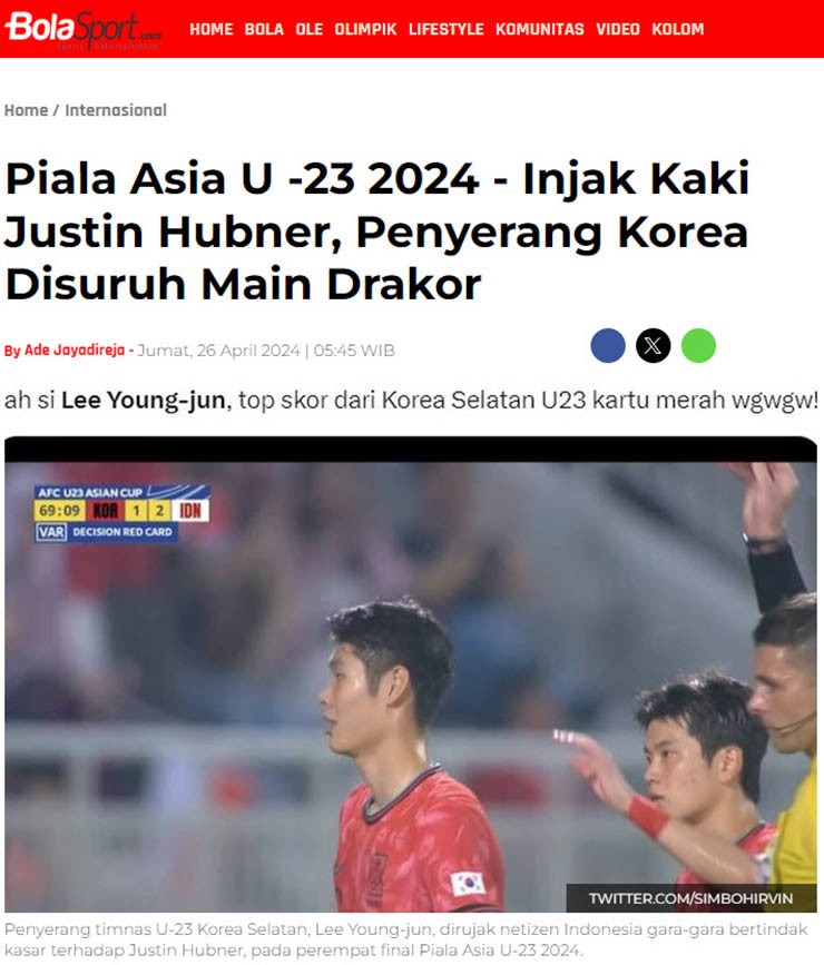 Tờ Bola Sport của Indonesia giận dữ với thái độ của cầu thủ U23 Hàn Quốc