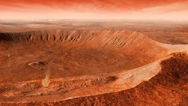 Hình minh họa một hố va chạm trên sao Hỏa. Một lý thuyết bên lề gọi là 