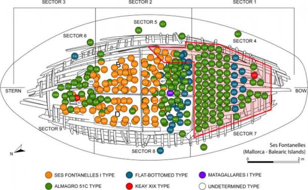 Sơ đồ con tàu ma, với các bình gốm màu vàng là loại amphora mới - Ảnh: Archaeological and Anthropological Science