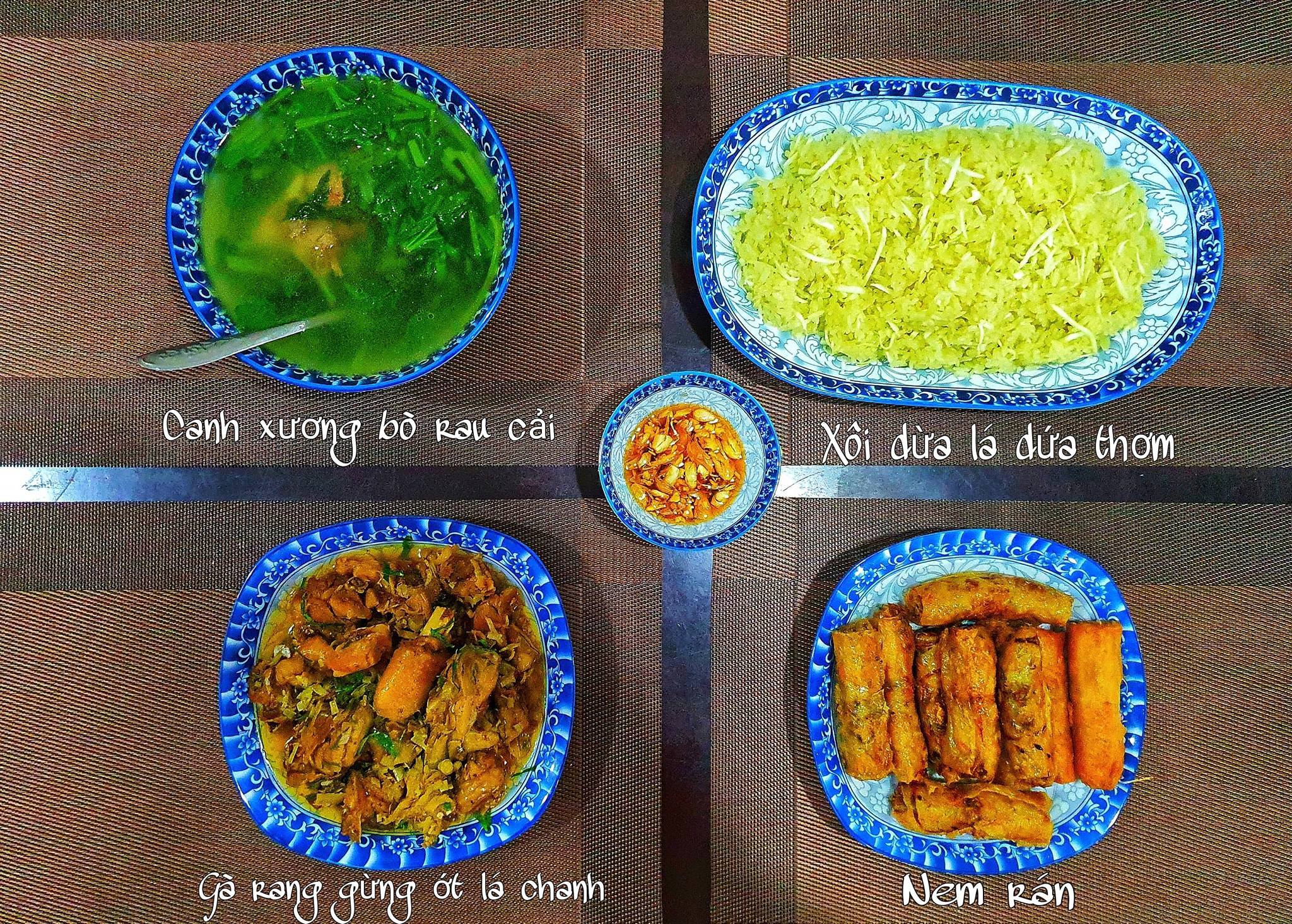 Canh xương bò rau cải + Xôi dừa lá dứa + Gà rang gừng + Nem rán