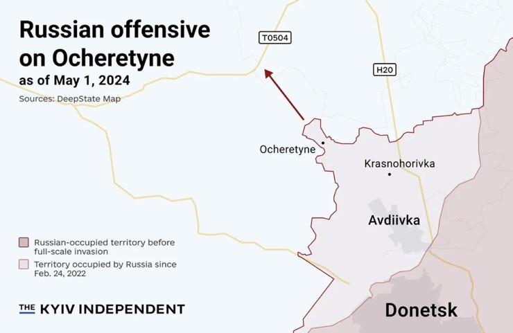 Hướng tiến công của Nga sau khi kiểm soát làng&nbsp;Ocheretyne. Đồ họa: Kyiv Independent.