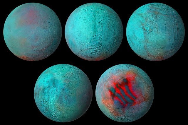 Bản đồ toàn cầu hồng ngoại của Enceladus chụp từ] các phía khác nhau, trong đó hình ảnh chụp từ cực Nam hiện rõ các "vằn hổ" khổng lồ - Ảnh: NASA