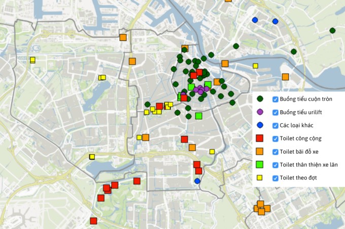 Bản đồ toilet nơi công cộng ở Amsterdam. Đồ họa: WSA