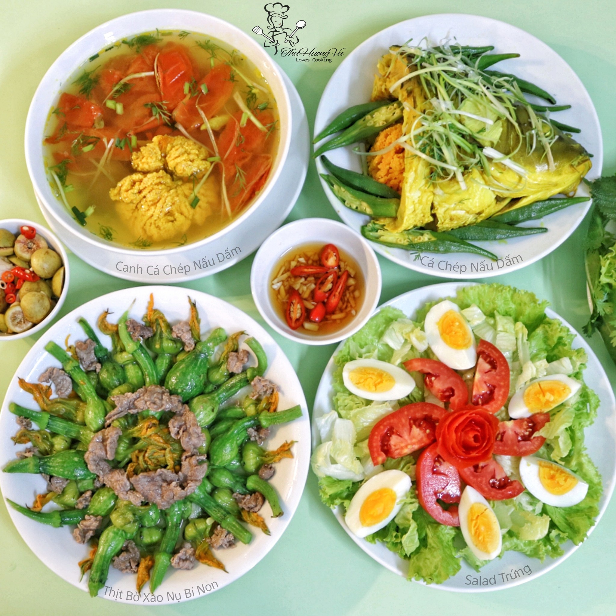 Cá chép nấu dấm + Thịt bò xào nụ bí non + Salad trứng + Canh cá chép nấu dấm + Sung muối chua cay