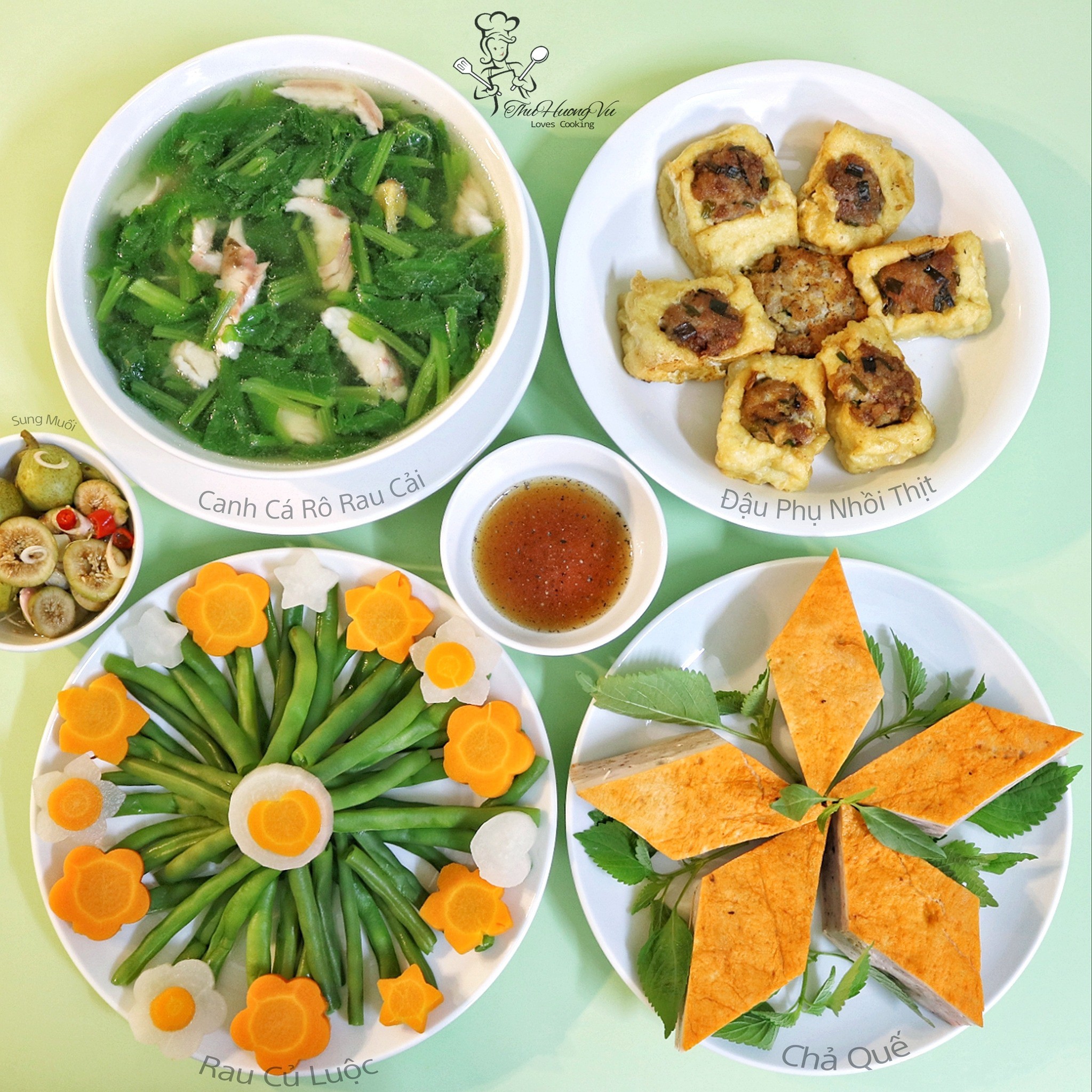 Chả quế + Rau củ luộc + Canh cá rô rau cải + Sung muối