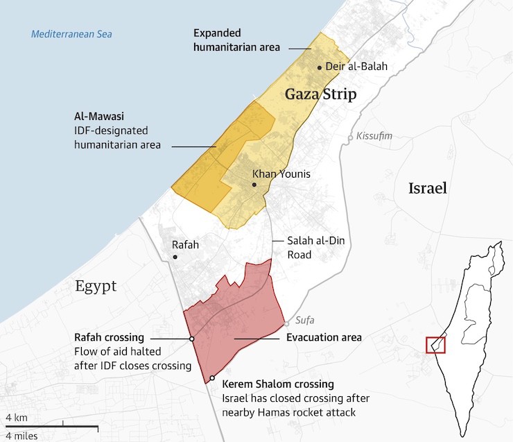 Khu vực quân đội Israel yêu cầu sơ tán nằm ở phía đông Rafah (vùng màu đỏ).