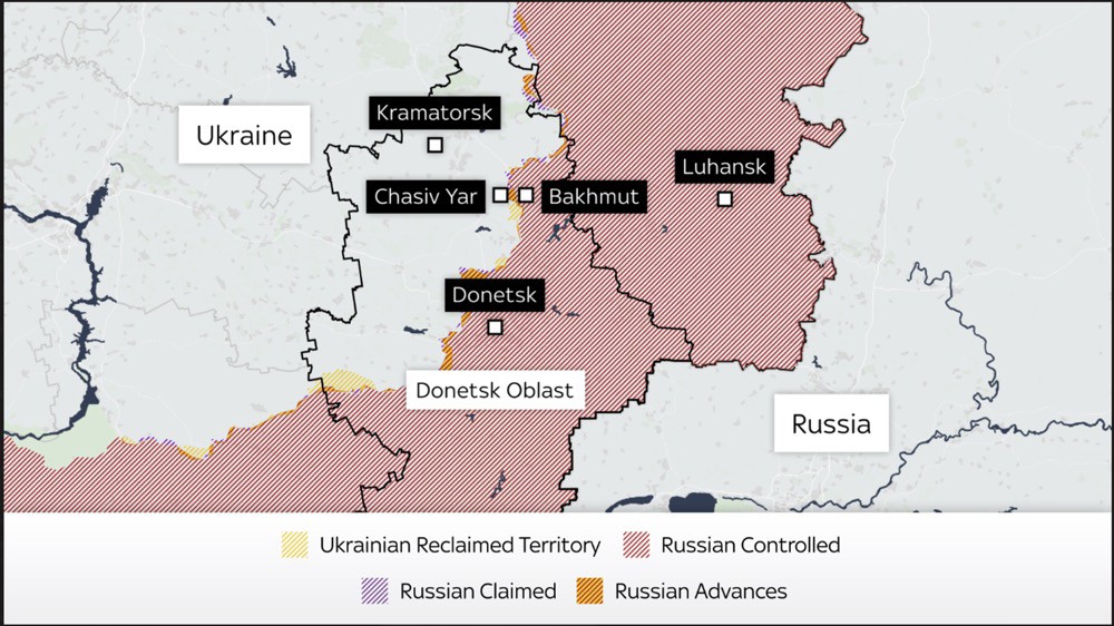 Bản đồ cho thấy các khu vực Nga kiểm soát ở vùng Donetsk và Lugansk thuộc miền đông Ukraine.