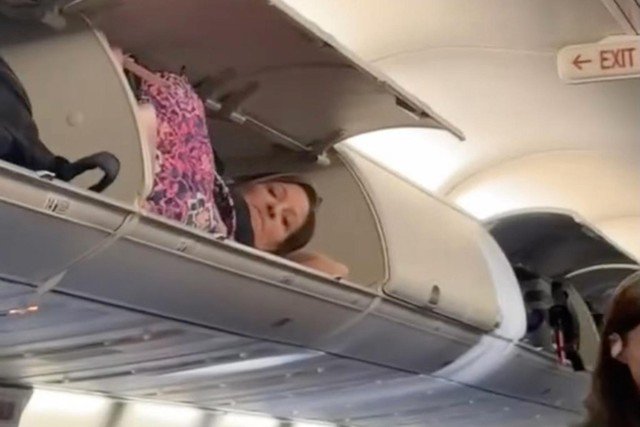 Một người phụ nữ trèo lên khoang chứa hành lý phía trên để chợp mắt. Ảnh: TikTok/@gmonique_132
