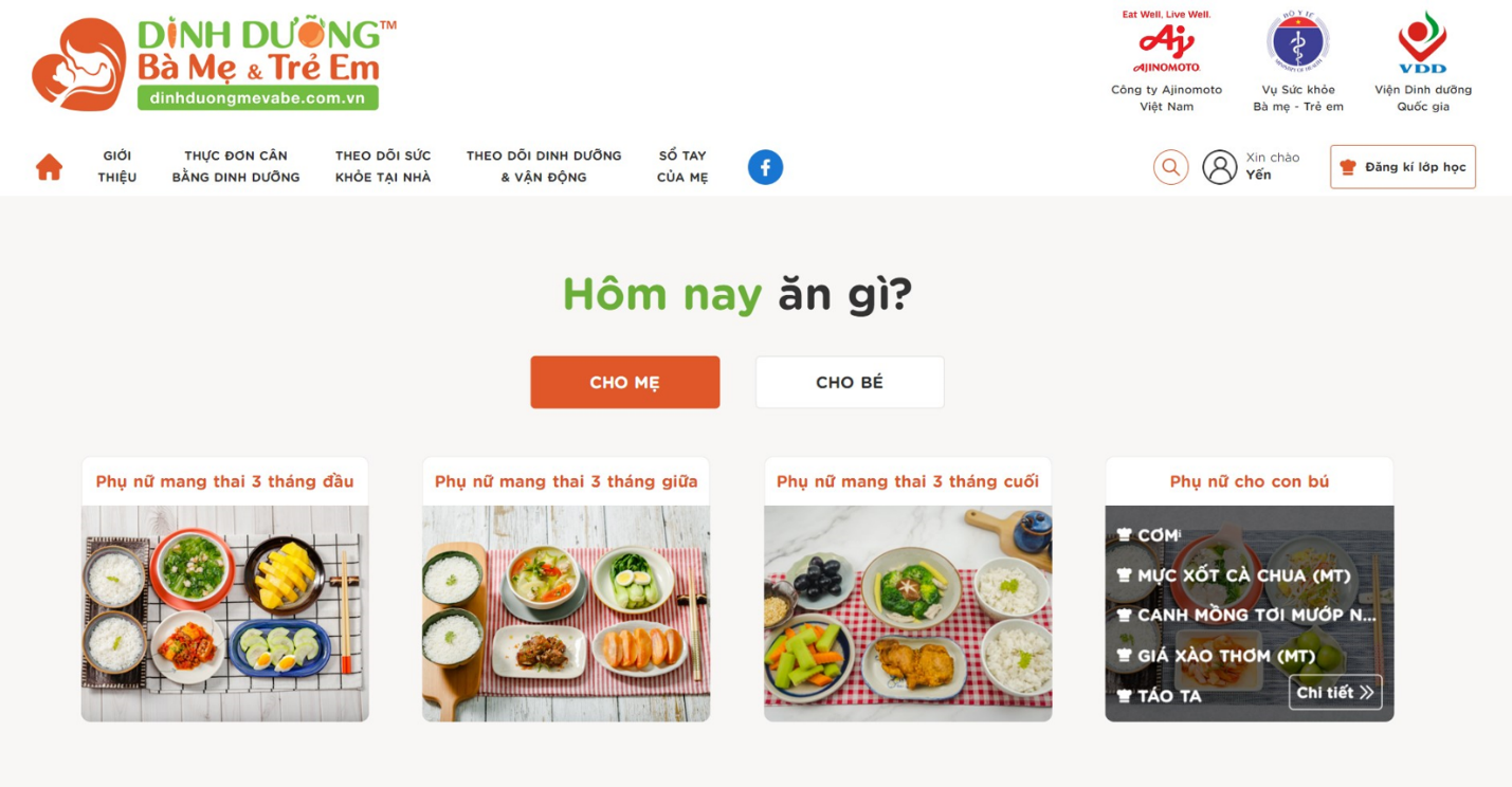 Phần mềm giúp mẹ lựa chọn thực đơn phù hợp nhu cầu dinh dưỡng khuyến nghị cho từng giai đoạn.
