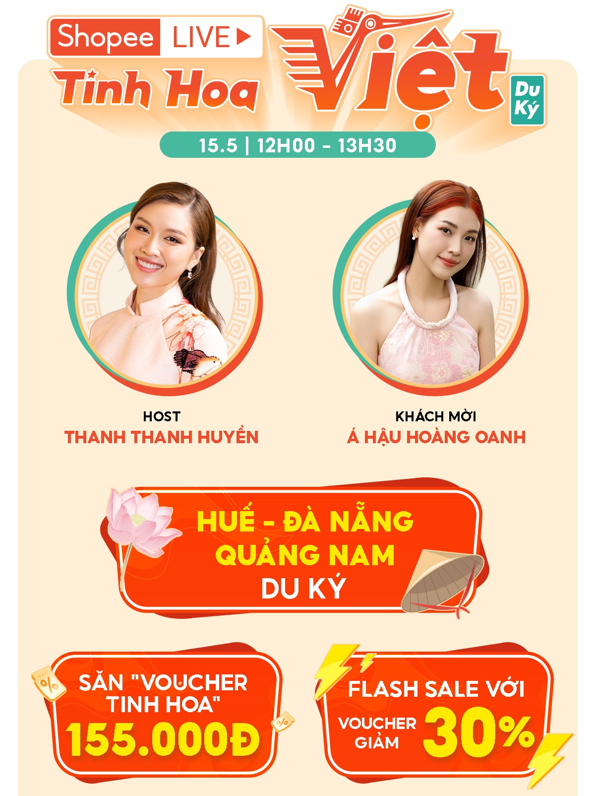 Tập tiếp theo của “Tinh Hoa Việt Du Ký” sẽ phát sóng lúc 12H trưa mai ngày 15.5 trên Shopee Live, giới thiệu đến người xem các sản vật từ sản phẩm địa phương đến từ Huế, Đà Nẵng và Quảng Nam.