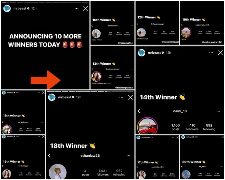Loạt bài đăng trên Story của MrBeast về 10 người may mắn trúng giải ngày 15/5.