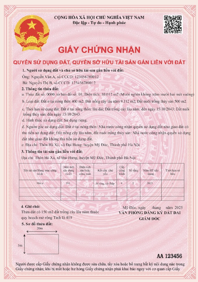 Trang 1 mẫu giấy chứng nhận quyền sử dụng đất được đề xuất.