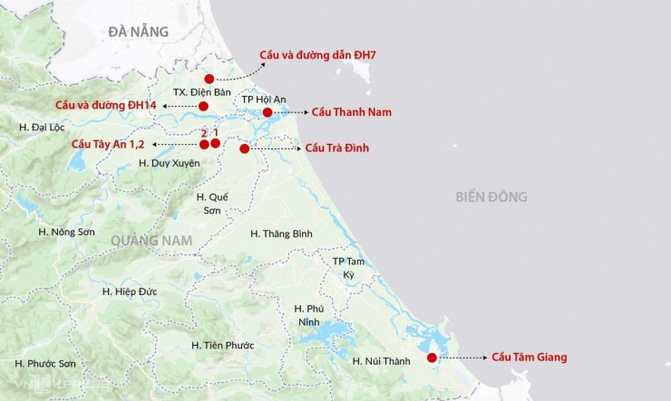 Vị trí 7 cầu không có đường dẫn ở Quảng Nam. Đồ họa: Đăng Hiếu